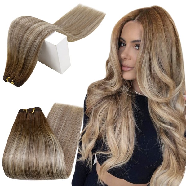 RUNATURE Sew in Extensions Human Hair Brown Rooted Fading to Blonde Balayage Human Hair Weft Extension Full Head Natural Hand Tied Weft Hair Extensions Double Weft Extension Human Hair 16 Inch 100g