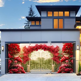 XMJJKUF Rose Garden Garage Door Decorations 16x7ft Polyester Banner Backdrop Red Rose Wall Background Wedding Bridal Shower Birthday Party Garage Door Cover Mural Outdoor Indoor Decor