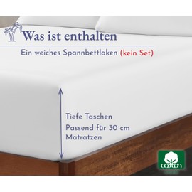 Spannbettlaken Baumwolle 180x200 cm Weiß, weiches, Hotelqualität Spannbetttuch mit tiefen Taschen und Kopf- und Fußanhängern von California Design Den