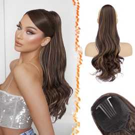 BARSDAR Dark Brown Highlight Wavy Drawstring Ponytail Extension – 20 Inch Drawstring Comb Clip in Ponytail Extensions for Women - Synthetic Curly Wavy Highlight Pony Tails Hairpieces