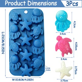 Ocean Silicone Mold 3-Piece Set - 12 Cavities Sea Turtle Starfish Octopus Shapes Food Grade Silicone Molds for Chocolate, Candy, Ice Cubes, Resin, Wax, Soap - Great for Baking, Craft, DIY, Party Decor