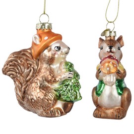Squirrel with Mushrooms Ornaments - Blown Glass Christmas Ornaments, Set of 2