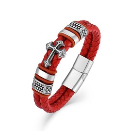 Raymard Mens Christian Cross Double Row Leather Bracelet, Religious Braided Cuff Bracelet for Men, Red - 8.5"