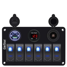 Garfour Waterproof 6 Gang Aluminum Boat Switch Panel Marine Rocker Switch with 12V Voltmeter Type C and QC3.0 USB Charging Socket for Car Boat