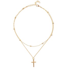 Yienate Multilayer Cross Necklace, Fashion Clavicle Chain Choker Tiny Cross Pendant Religious Necklace Jewelry for Women and Girls, Gold