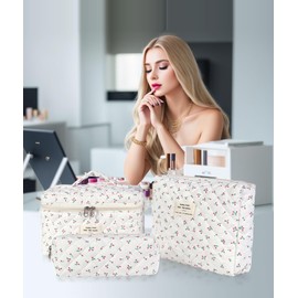 3-Piece Cosmetic Bag Set, Travel Flower Pattern Make-Up Bag, High Capacity Make Up Bag, Aesthetic Portable Cosmetic Bag with Zip for Women and Girls, White, Flowers