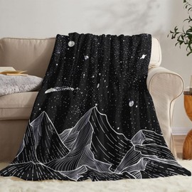 Neasow Black and White Fleece Throw Blanket, Starry Night Mountain Moon and Stars Nap Blankets Gift Sofa Bed Couch Chair or Dorm Throws 40×50 inches