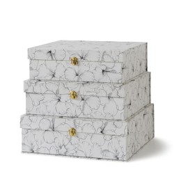 Soul & Lane Black and White Floral Cardboard Decorative Storage Boxes with Gold Hardware - Set of 3, Hibiscus Harmony - Stacking Boxes with Lids for Home Decor and Organizing, Elegant Design
