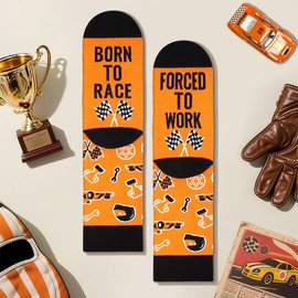Funny Race Car Socks for Men Women Dad Teen Boys - BORN TO RACE FORCED TO WORK Novelty Fun Funky Crazy Silly Cool Racing Accessories Socks Gifts - Fathers Day Birthday Gift Christmas Stocking Stuffers