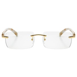 Elite Slim Rimless Rectangular Metal & Wood Art Aviator Sunglasses (Clear Marble)