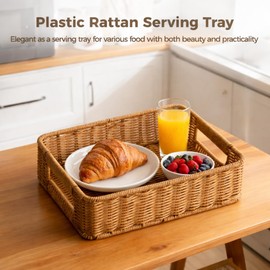 2 Pack Faux Rattan Serving Trays with Handles, Brown Plastic Woven Storage Baskets, Decorative Organizer Trays for Kitchen Pantry Bathroom, Coffee Table Snack Tray, 10.2 x 7.5 x 3.1 in