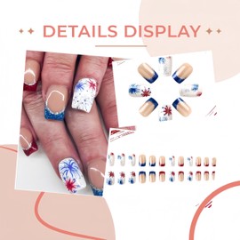 4th of July Press on Nails Square Medium Fake Nails with Glitter Firework Designs Red Blue French Tip Silver Glitter Line Glue on Nails Patriotic Stick on Nails for Women Independence Day Manicure