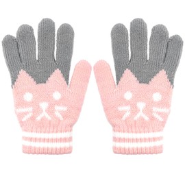ALLY-MAGIC Kids Winter Gloves Warm Knitted Soft Gloves Cute Cat Thermal Full Fingers Stretch Gloves Outdoor School Costume Daily Wearing for Boys Girls Y6-MMETST(Pink)