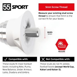 55 Sport World Cup Metal-Tipped Replacement Football Studs - 12 Pack (13/16mm) - White