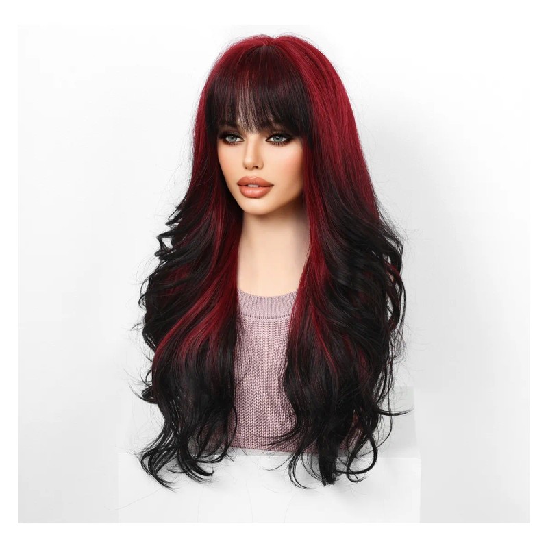 Rojo Vino Pelucas Mujer Dama Larga Ondulada Cabello Natural