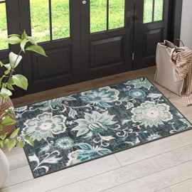 Beeiva Floral Machine Washable Rugs, 3x5 Rug Vintage Rug with Rubber Backing Rug Paisley Blue Rug for Entryway, Ultra Thin Bathroom Rugs for Entryway Bedroom
