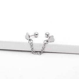 Cute Double Piercing Heart Love Stud With Short Chain Cuff Silver Black Plated Stainless Steel Earrings for Women Girls Cartilage Two Holes Fashion Chic Minimalist Climber Crawler Threader Hypoallergenic Gifts Her Birthday Valentines Day Xmas (silver)