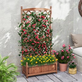 Giantex Raised Garden Bed with Trellis, 60” Wooden Planter Container with Drainage Holes, High Trellis for Plant Flower Climbing Pot Hanging, Indoor & Outdoor Planter Box for Yard Garden Balcony