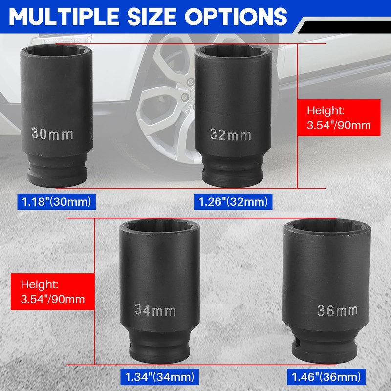 DASBET 1/2" Drive Deep Impact Socket Set 4PCS Heavy Duty