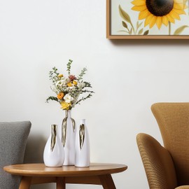 Ceramic Vase 3 Piece Set, White and Gold Vases for Home Decor, Decorative Vases for Mantel, Shelf and Entryway Decor, Dining Table Centerpieces, Living Rooms, Fireplaces and Kitchen Decor.