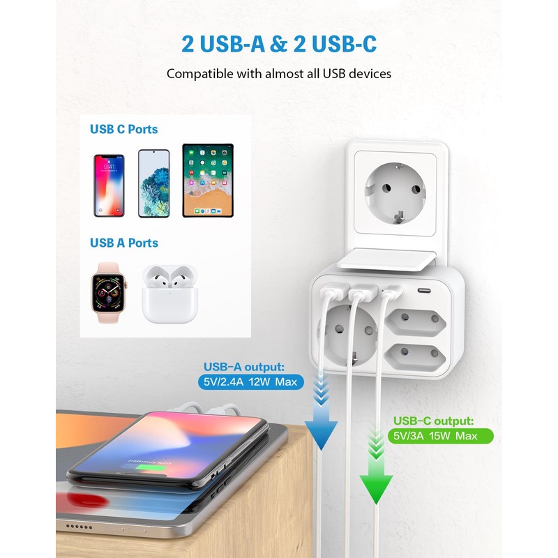 Multiple Plug for Sockets, 3 Sockets with 2 USB A