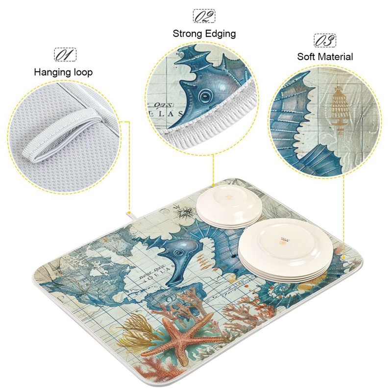 Nautical Ocean Seahorse Dish Drying Mat for Kitchen Counter 16x18