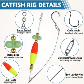 Catfish Rig Catfish Float Rigs Catfishing Tackle with Catfish Rattles Beads Peg Float Bobbers Catfish Hook Santee Cooper Rig Catfish Rig for Bank River Lake Fishing Boat Shore Fishing Mix Color 8/0