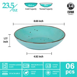Esfour 8 Inch Porcelain Pasta Bowl, 16 Ounce Salad Bowls, Microwave & Dishwasher Safe, Sturdy & Stackable, Set of 6 Ceramic Bowl Plate Set, Wide Shallow Salad Bowls, Natural Assorted Colors
