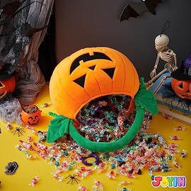 JOYIN - cubeta de peluche de calabaza de Halloween, 11 x 13.4 pulgadas, bonita cesta de Halloween con asa para niños y niñas para pedir dulces, sumini