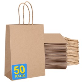 OCEUMAOA 50Pcs Brown Paper Bags with Handles Kraft Paper Gift Bags Bulk Shopping Bag Small Gift Business Goody Grocery Craft Bag 5.91x3.15x8.27 Inch