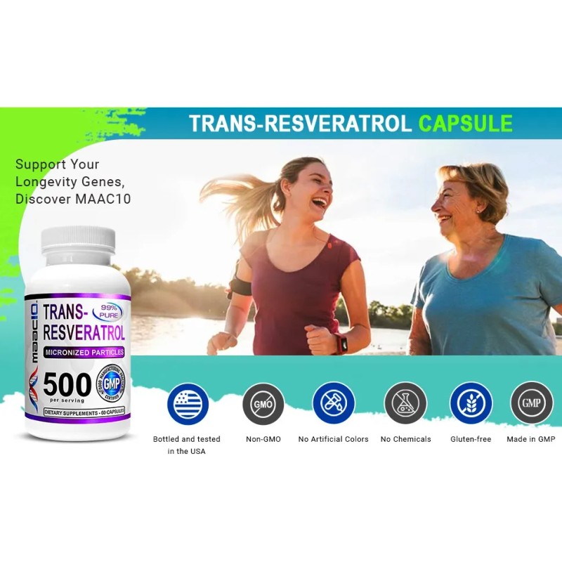Maac10 Trans-resveratrol 500mg + Bioperine 10mg 60 Cáps Sabor Sin