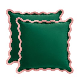 MONDAY MOOSE Decorative Throw Pillow Covers Cushion Cases, Set of 2 Soft Velvet Scalloped Wavy Edge Designs, Mix and Match for Home Decor, Pillow Inserts Not Included (Pink/Green, 16x16 inch)