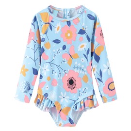 Costume da bagno per bambine da 3 a 16 anni, Azzurro con fiori., 3-4 Anni
