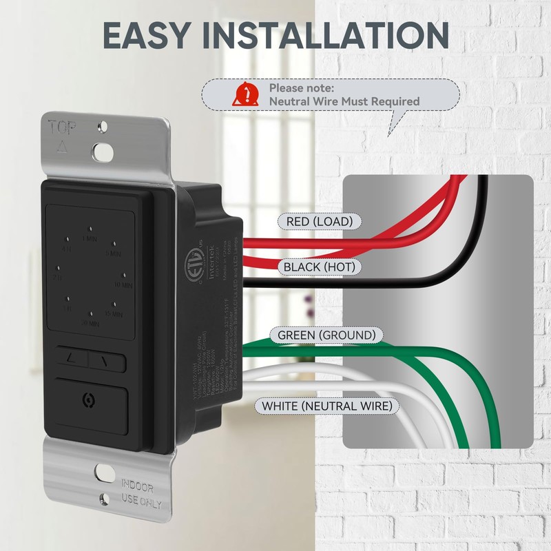 Countdown Timer Switch, 15A Electronic in-Wall Timer Switch with Constant