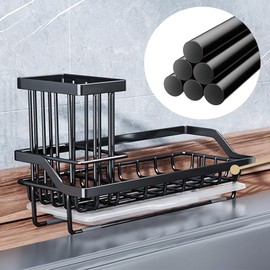 DWIRWLC Sink Rack Kitchen Organizers And Storage Bathroom Countertop Stainless Steel Sink Essentials Gadgets Dish Soap Dispenser Sponge Holder (Black)