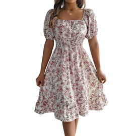 Beautiful Nomad Women's Boho Dress Square Neck Puff Short Sleeve Floral A Line Dresses