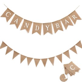Vintage Candy Bar Garland Banner White + Jute Bunting Outdoor, Candy Bar Decoration Accessories Wedding Birthday Candy Bar Garland for Wedding Party Birthday Decoration Photo Prop