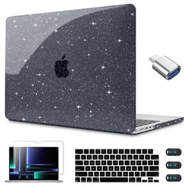 CISSOOK Sparkly Glitter Star Case for MacBook Pro 14 Inch with Touch ID Model A2918 A2992 M3 A2779 M2 A2442 M1 Pro Max, Black Hard Shell Case + Keyboard Cover for MacBook Pro 14 2023 2021 Release