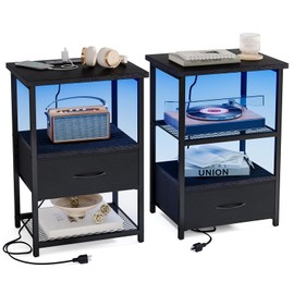 Fixwal Night Stand Set of 2 with Charging Station, LED Nightstand with Fabric Drawers, End Table with PU Finish, Bed Side Table, Black