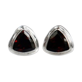 NOVICA Artisan Handmade Garnet Stud Earrings .925 Sterling Silver Red Indonesia Birthstone 'Crimson Trinity'