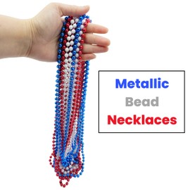 4E's Novelty Patriotic Beads Necklace (72 Pack) Bulk Red White Blue Beads 33 Inch Long 7mm Thick, Great for 4th of July Party Favors, Parade Throws, Dress Up July 4 Accessories Supplies