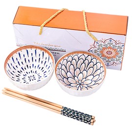 BOSILI Rice Bowl with Chopsticks Ceramic Sushi Bowl Sauce Bowls Set of 2 Japanese Style Ceramic Rice Bowl with Chopsticks in Gift Box Underglazed Dinnerware,For Dessert Snack Cereal Soup