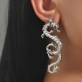 Vintage Dragon Drop Earrings Punk Exaggerated Dragon Dangle Earrings Gold Dragon Drop Stud Earrings Ancient Dragon Ear Accessories Jewelry for Women (silver)