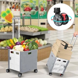 SELORSS FW548 Foldable Shopping Utility Cart Portable Rolling Crate Handcart with 360°Rotate Wheel,Hidden Lid,Telescoping Handle Collapsible for Travel Shopping Moving Storage Office Use storage cart - Color: Red&black