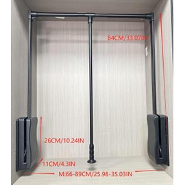 Single buffer lift clothes rack,Pull Down Closet Rod for Hanging Clothes, Retractable Wardrobe Hanger for Cabinet, Aluminium alloy Tubing with Plastic Housing (BLACK, MEDIUM:66-89CM/26-35IN)