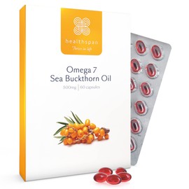 Healthspan Omega 7 Sea Buckthorn Oil 500 mg, High Omega-7 Content and Rich in Omega-9 Fatty Acids, Additional Vitamin A, Women's Health, Carotenoids and Tocopherols, Vegan, 60 Capsules
