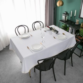 EHouseHome Faux Linen Tablecloth with Lace Trim - Waterproof/Spill Proof/Stain Resistant/Wrinkle Free/Oil Proof - for Banquet, Parties, Dinner,Wedding,Holiday,White Rectangle 60x102Inch