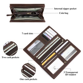 BAIGIO Genuine Leather Long Wallet for Men Bifold Wallet RFID Blocking Multi Card Purse with Zipper Wallet for Men Brown