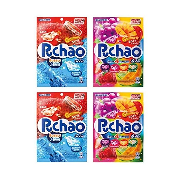 Puchao Gummy n' Soft Candy, Cola, Ramune Soda, and 4 Fruits Flavors, 3.53 Ounces, Pack of 4