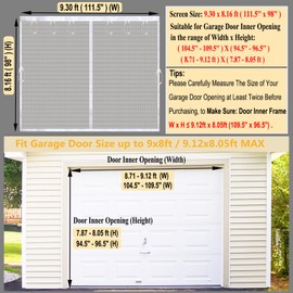 Garage Door Screen for 1 Car Garage 9x8ft White, Magnetic Screen Door 9x8 FT Garage/Patio/Porch/Balcony with Retractable Fiberglass Mesh & Heavy Duty Weighted Bottom, Hands Free, Easy Assembly